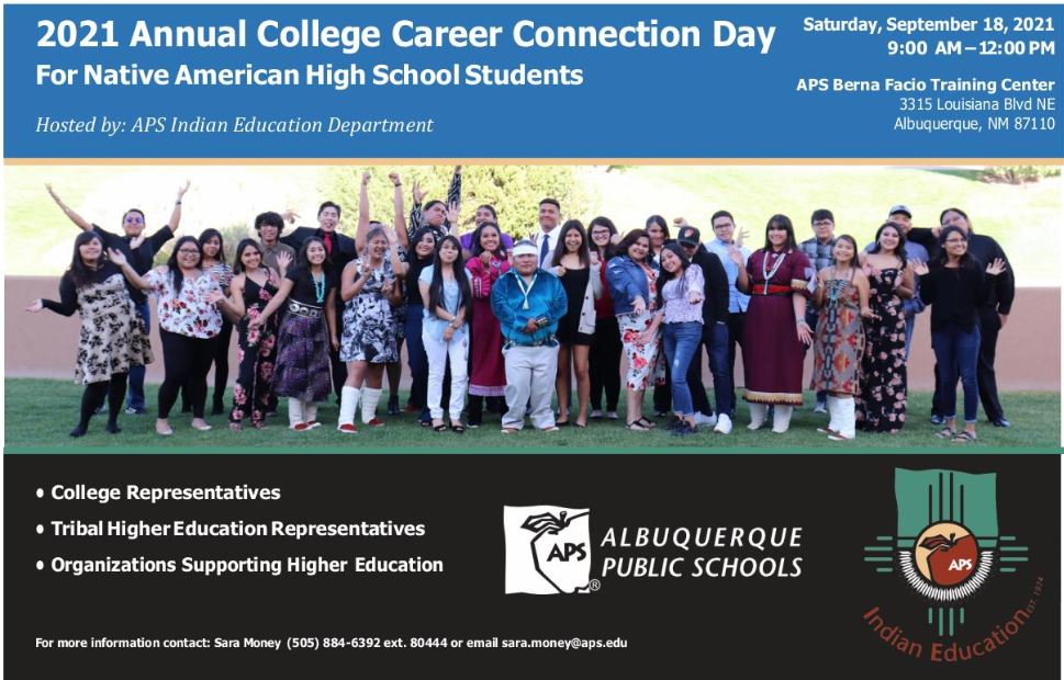 A picture of a group of native American students smiling with text about the 2021 Annual College Career Connection Day for Native American High School Students