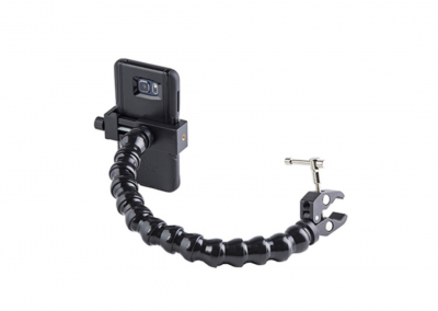 Modular Hose Phone Holder with mini clamp holding a smart phone with the case