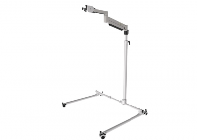 F S Vario Float Floor Mount with wheels and an articulating arm to hold a speech communication deviec